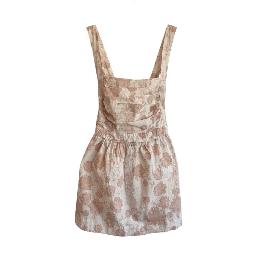Free People Pink Beige Floral Jacquard Open Back Ruched Mini Dress NWT M